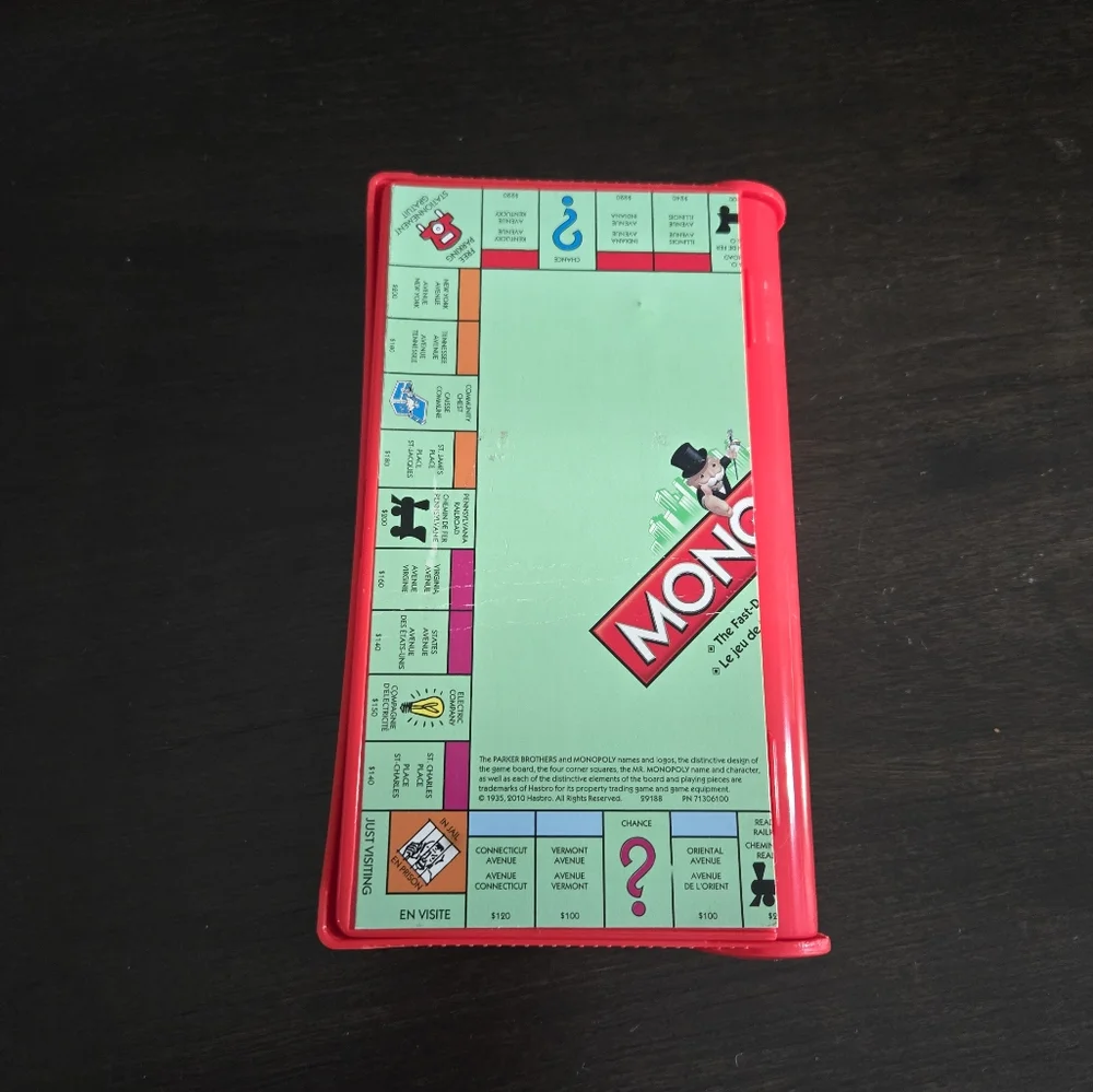 Travel Monopoly Game, Mini Game & Pieces English & Spanish Cards, Like New Cond